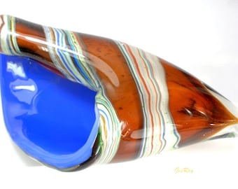 Vintage Conch Shell Murano Glass Cased Brown Blue, Mid Century Modern Venetian Art Glass