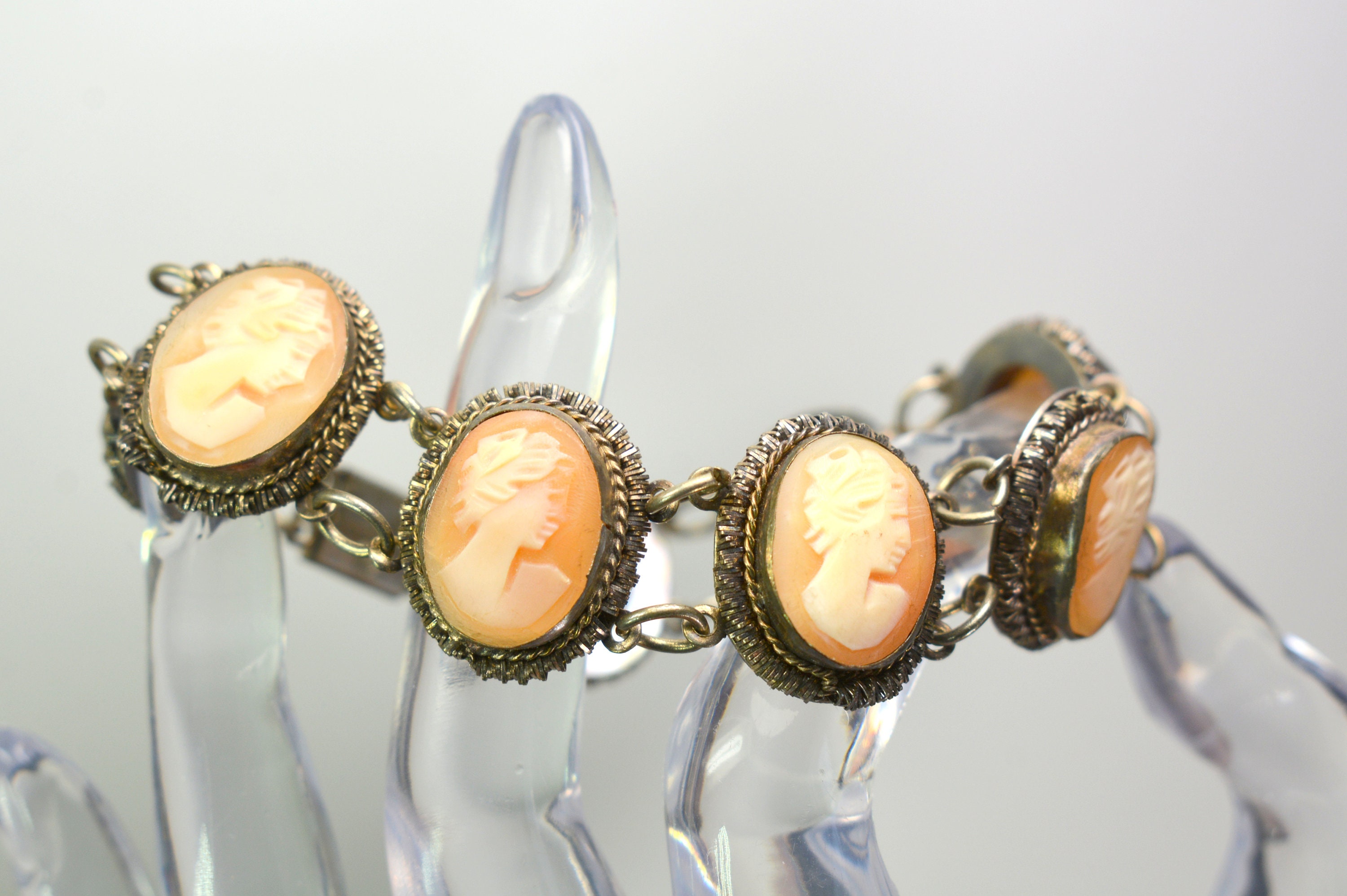 Shell Cameo Hand Carved Cameo Link Bracelet by Giuseppe Mandile 