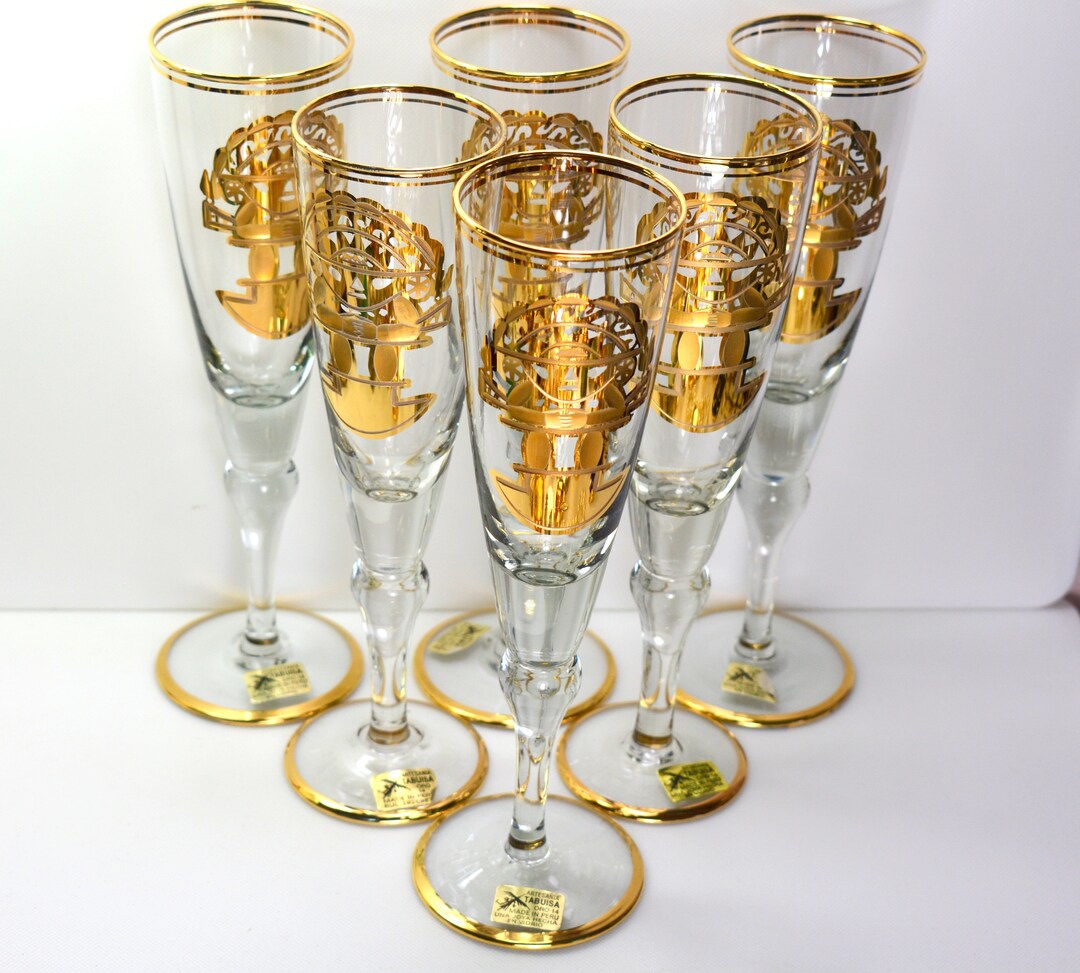 Vintage Peru Champagne Flutes - Gold Inca Sun God Design  display picture 1