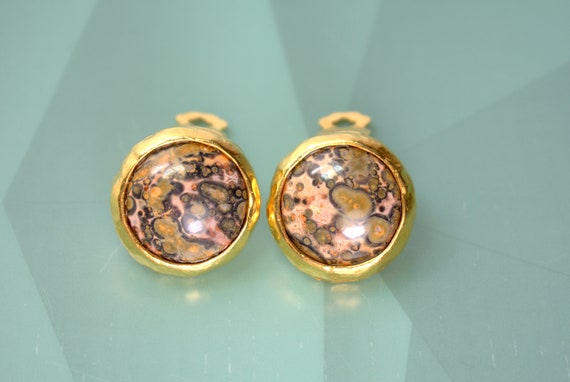 Vintage Kenneth Jay Lane KJL Jasper Cabochon Gold… - image 1