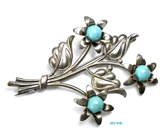 Art-Deco-Legierung Brosche Blumenstrauß Faux Türkis Glas Pin