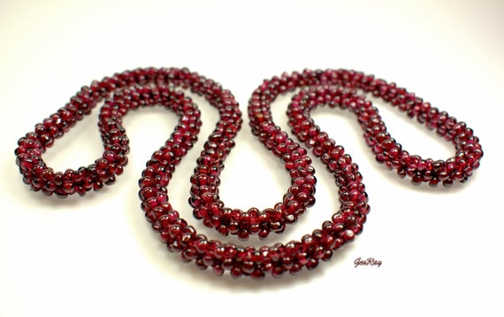 Vintage Woven Seed Bead Garnet Necklace Semi Prec… - image 1