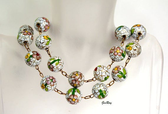 Chinese Export Cloisonne Necklace White Green, An… - image 1