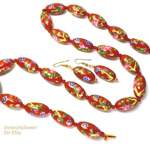 Vintage Chinese Export Porcelain Beaded Necklace and Earrings Brown Pink, Asian Oriental Jewelry