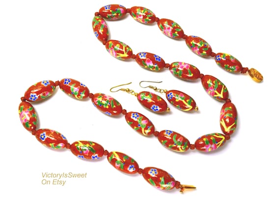 Vintage Chinese Export Porcelain Beaded Necklace and Earrings Brown Pink, Asian Oriental Jewelry