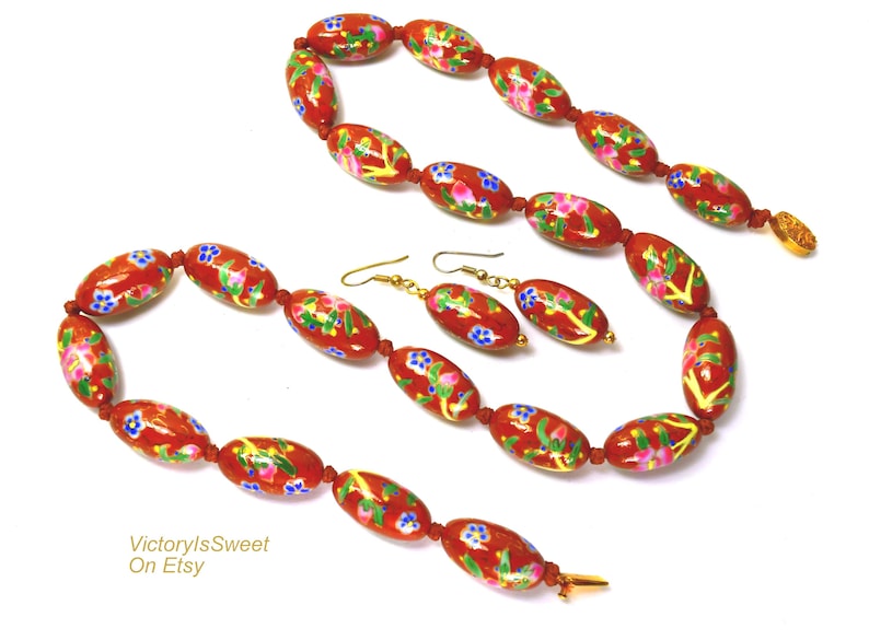Vintage Chinese Export Porcelain Beaded Necklace and Earrings Brown Pink, Asian Oriental Jewelry