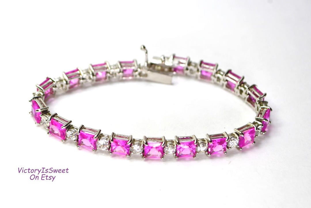 Designer Sterling Silver Pink & Green Cubic Zirconia Chain Link Tennis Bracelet Sterling Silver Cluster Emerald-Green CZ Tennis Bracelet  main image 4