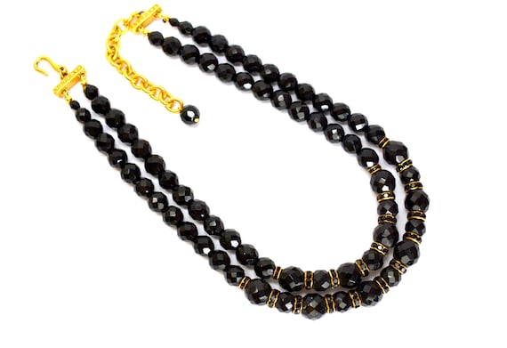 Vintage French Jet Black Crystal Necklace: Double… - image 2