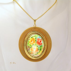 Antique Vintage Gold Mesh Cameo Hand Painted Floral Pendant Necklace