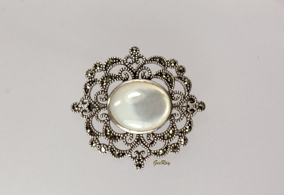 Vintage Brooch 925 Sterling Silver Marcasite Mother of Pearl - Etsy