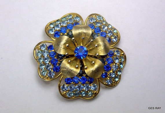 Napier Faux Sapphire Flower Pin Blue Rhinestone Brooch 1950s | Etsy