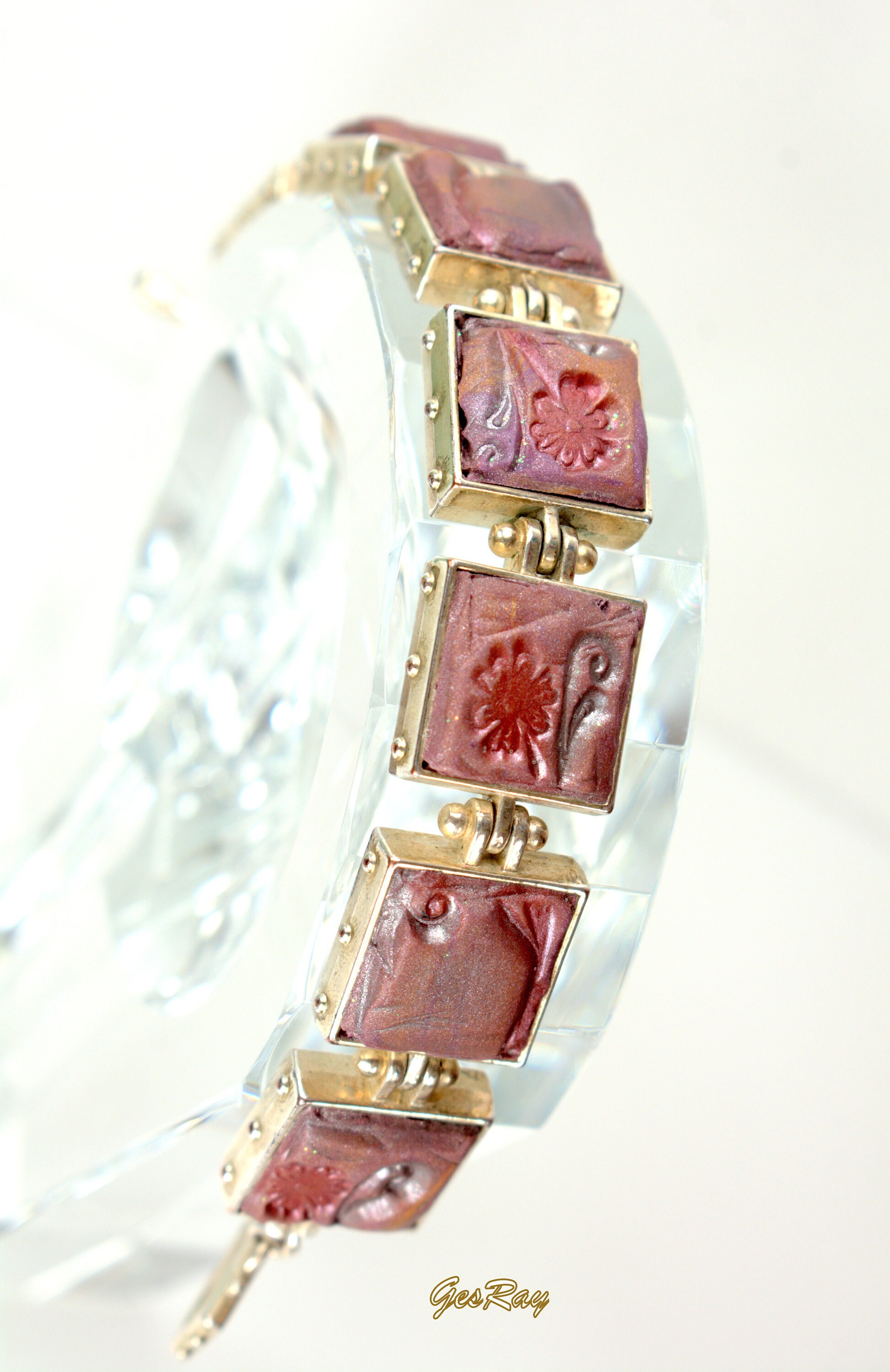 MCM Panel Bracelet Link Mid Century Modern, Pressed Glass