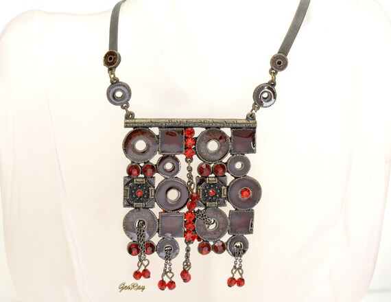 Statement Necklace Ruby Red Crystal Rhinestones P… - image 2