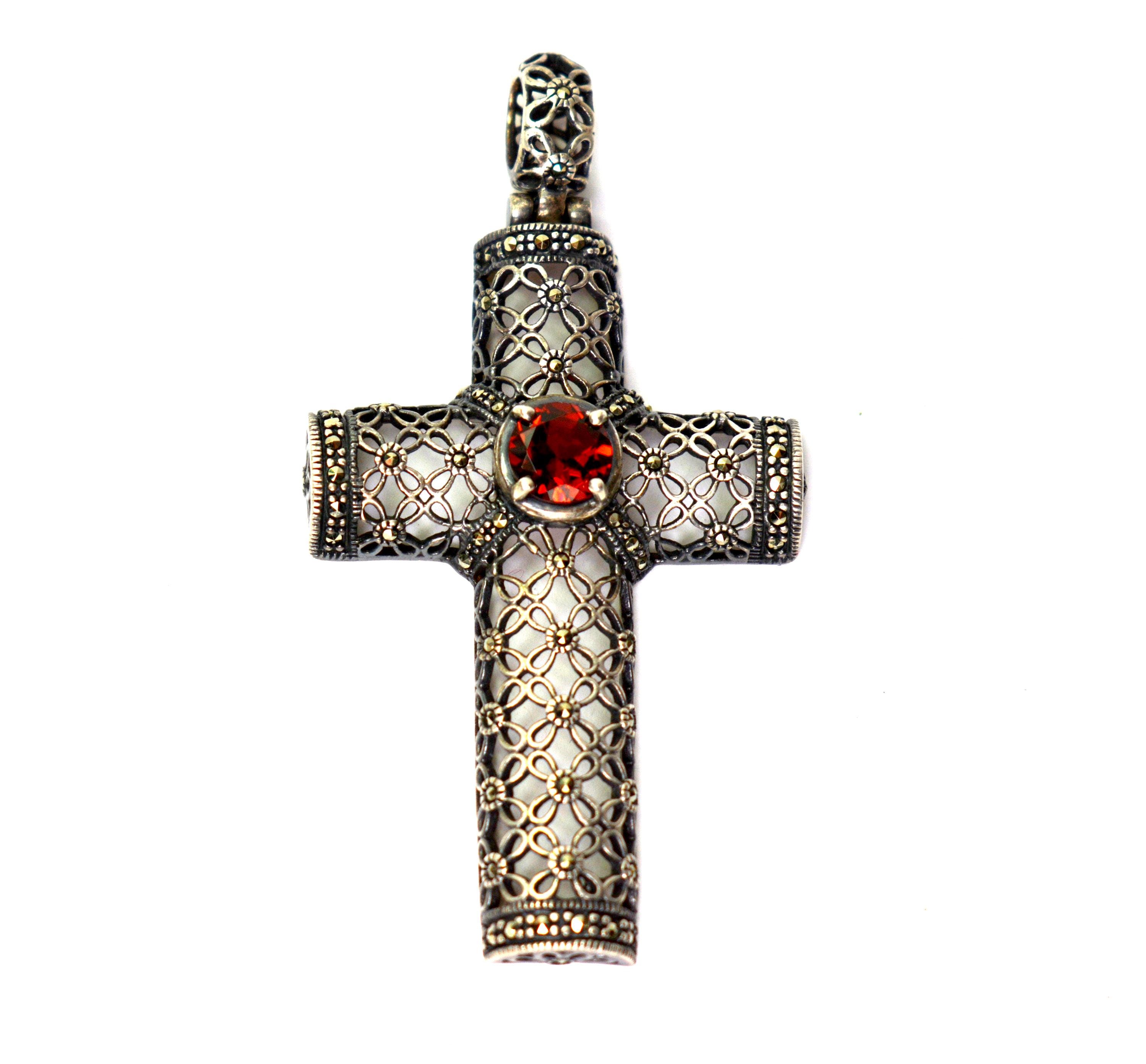 Croix Ancienne En Argent Massif 925 Avec Grenats - Pendentif Vintage Rouge, Occasion, Marque AbaSchmuck
