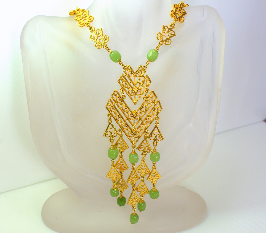 Art Deco Gold Tone Festoon Fringe Necklace Filigree Pendant Etsy