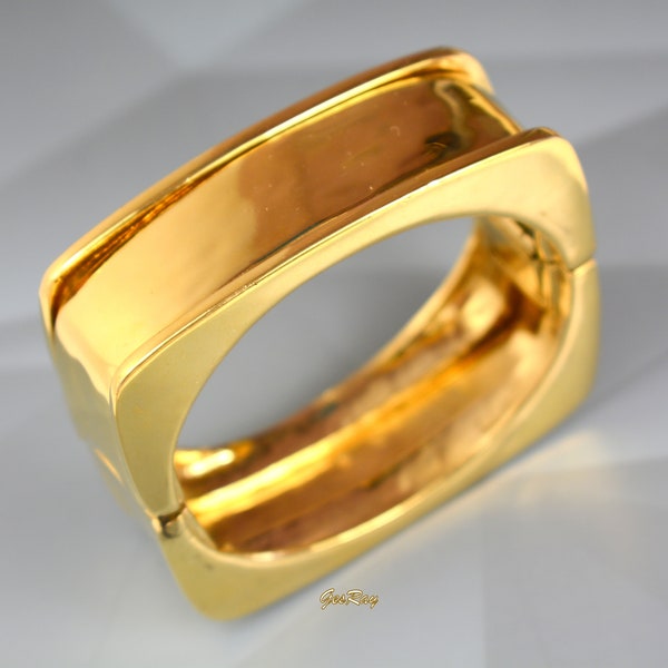 Modernist Brutalist Designer Hinged Square Bangle Bracelet Plain Polish Gold Plated, Marked B