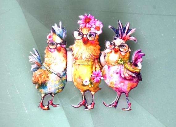 Chick Chick Chickens Brooch Pin Lucite Inlay Acrylic