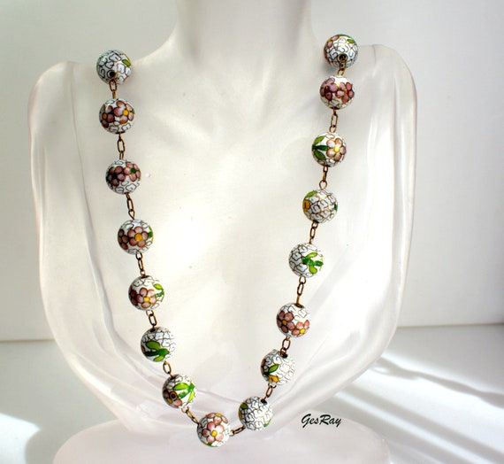 Chinese Export Cloisonne Necklace White Green, An… - image 3