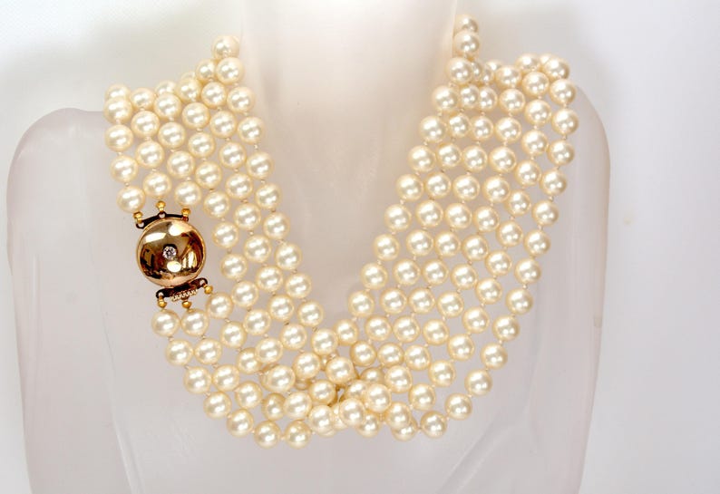 Designer Glass Pearl Multi Strand Opera Necklace Hand Knotted Very Heavy, Statement Designer Pearl Jewelry