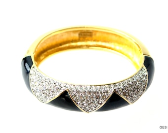 Daniel Swarovski DSCO Hinged Bangle Bracelet Black Enamel Pave Crystals