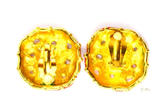 Large Clip On Earrings Statement Button Gold Tone… - image 4