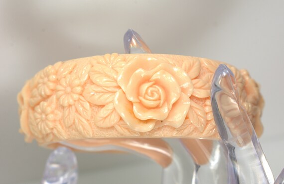 Deeply Carved Coral Celluloid Roses Bangle Bracel… - image 5