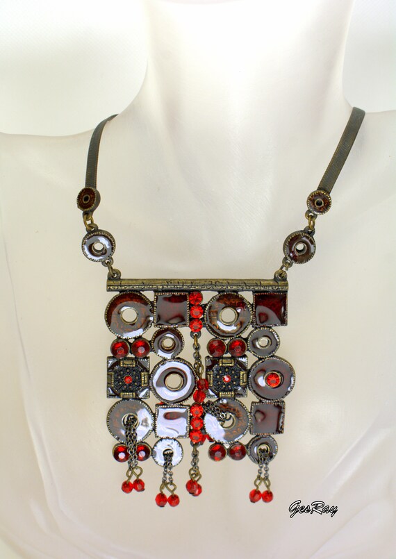 Statement Necklace Ruby Red Crystal Rhinestones P… - image 3
