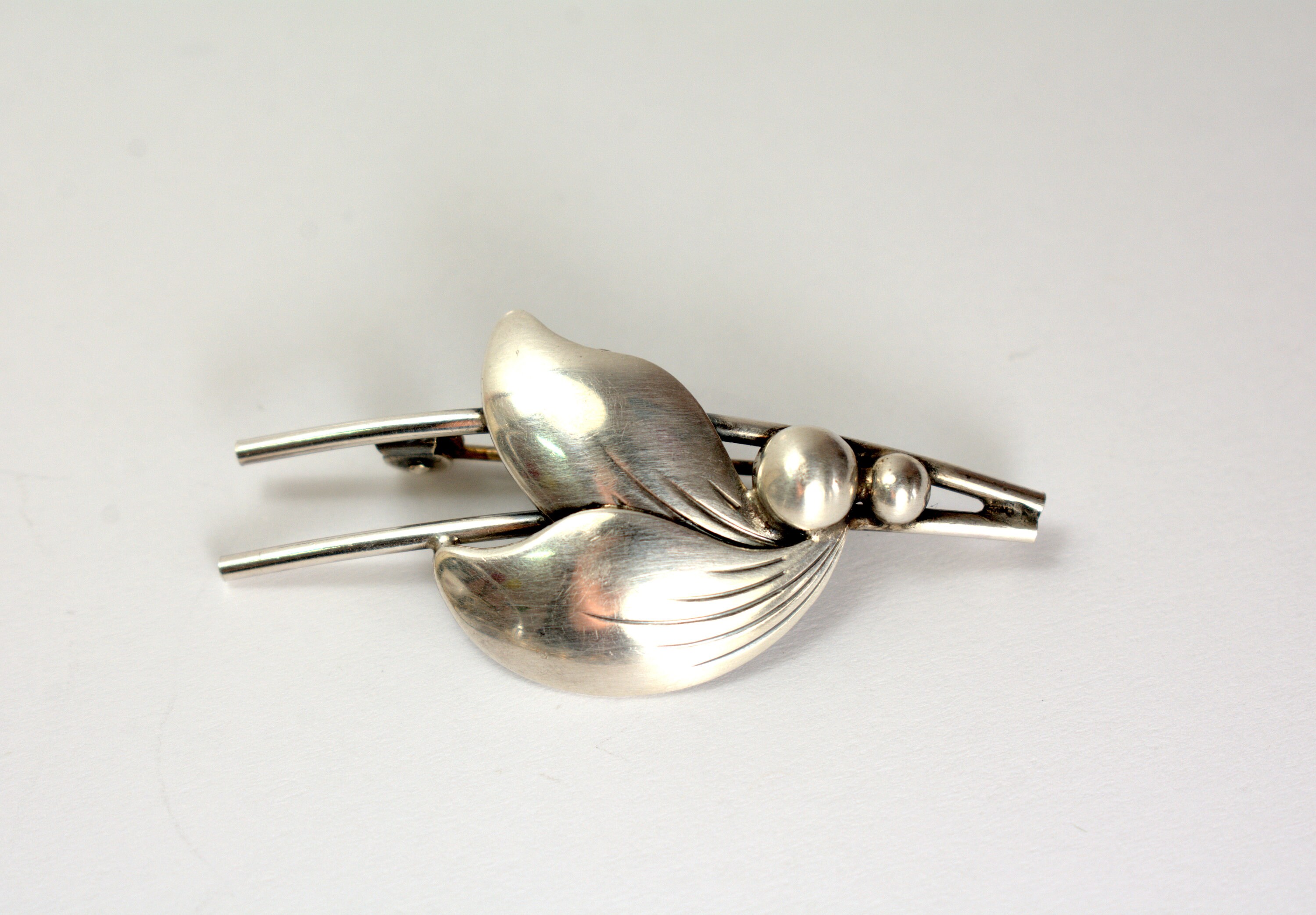 Denmark Signed NE From Sterling Silver Leaves, Modernist Denmark Signed NE From Sterling Silver Leaves, Modernist