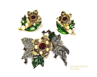 Avon Floral Brooch and Clip-on Earrings Set: Enamel, Crystals, Pearls, Vintage Christmas Jewelry 1992