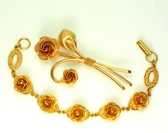 Vintage Gold Tone Floral Bracelet & Brooch Set: Filigree Rose Jewelry