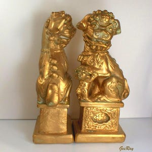 Gold Foo Dog Bookends: Vintage Feng Shui Decor