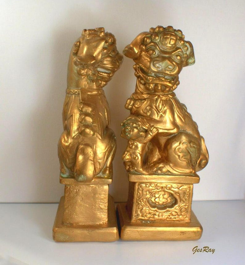 Gold Foo Dog Bookends: Vintage Feng Shui Decor