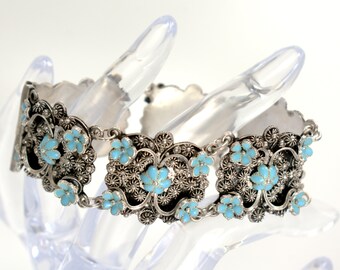 Antique 900 Silver Cannetille Link Braclet Panel Enamel Flowers