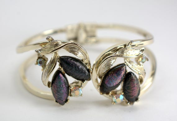 Retro Statement Hinged Clamper Bracelet Lava Rock… - image 1