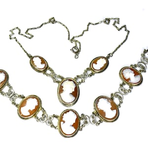 Antique Silver Cannetille Filigree Carved Shell Cameo Bracelet Necklace, Jewelry Set