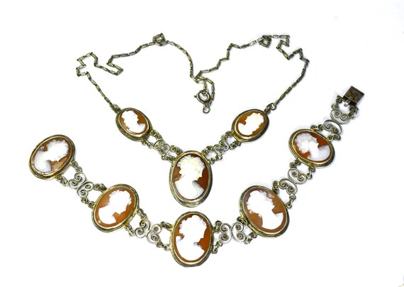 Silver Antique Cannetille Filigree Carved Shell Cameo Bracelet Necklace, Jewelry Set