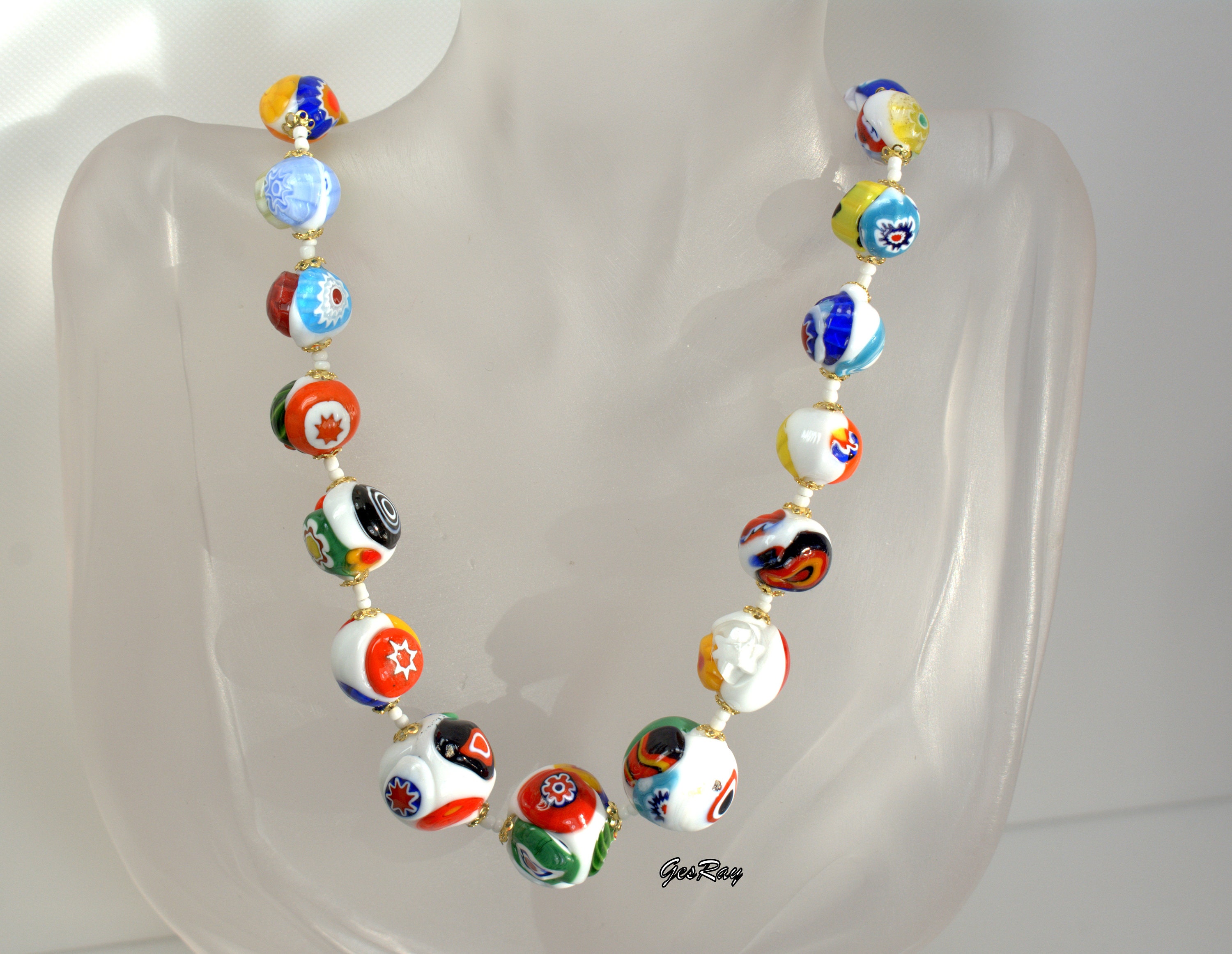 Antique VENETIAN Murano Millefiori Art Glass Bead Necklace 29