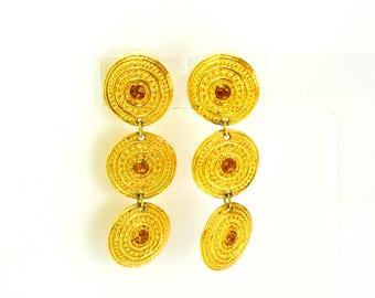 Vintage Gold Discs Dangle Earrings Etruscan Statement