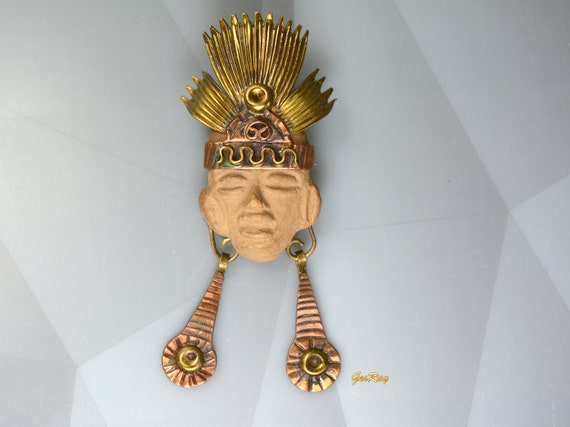 Aztec Warrior Face Brooch Pendant Mexican Vintage… - image 5