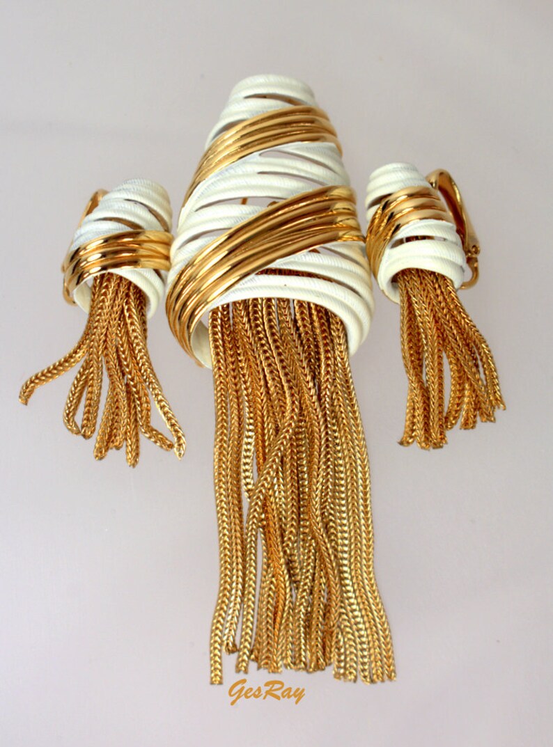 Vintage Gold Tassel Rope White Enamel Brooch Pin & Earrings Etsy