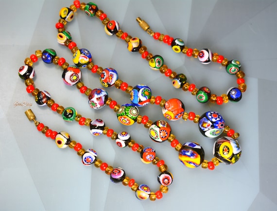 VENETIAN Murano Millefiori Art Glass Graduated Bead Antique Necklace