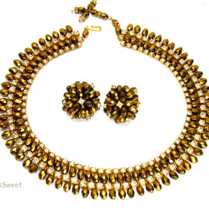 Miriam Haskell Collar Necklace and Earrings Beaded Brass Rhinestones, Haskell Jewelry Unsigned