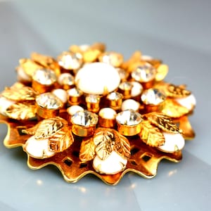 Vintage Layered Flower Brooch Milk Glass Rhinestones, Miriam Haskell Style Pin