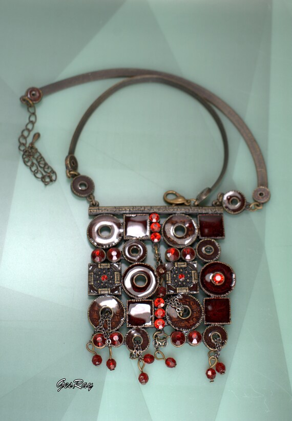 Statement Necklace Ruby Red Crystal Rhinestones P… - image 4