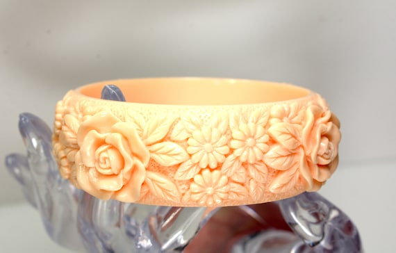 Deeply Carved Coral Celluloid Roses Bangle Bracel… - image 1