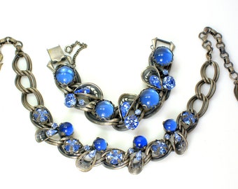 Elsa Schiaparelli Blue Moonglow Rhinestone Link Panel Necklace Bracelet Set Unsigned
