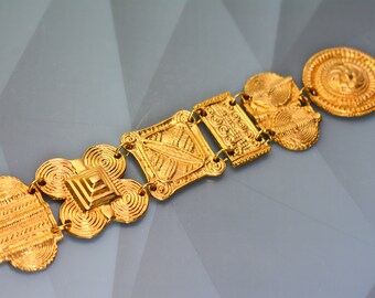 Etruscan Revival Plate Link Archer Link Bracelet Matte Gold Tone Vintage