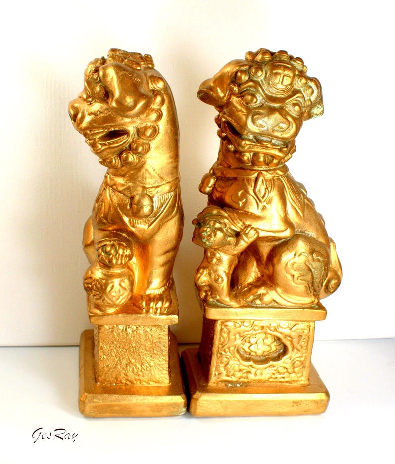 Gold Foo Dog Bookends: Vintage Feng Shui Decor