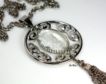 Vintage Designer Statement Glass Cameo Pendant Necklace, Filigree Pendant Ornate