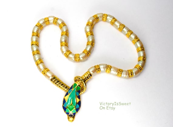 Hattie Carnegie Egyptian Revival Gold Asp Snake Necklace Faux Baroque Pearl